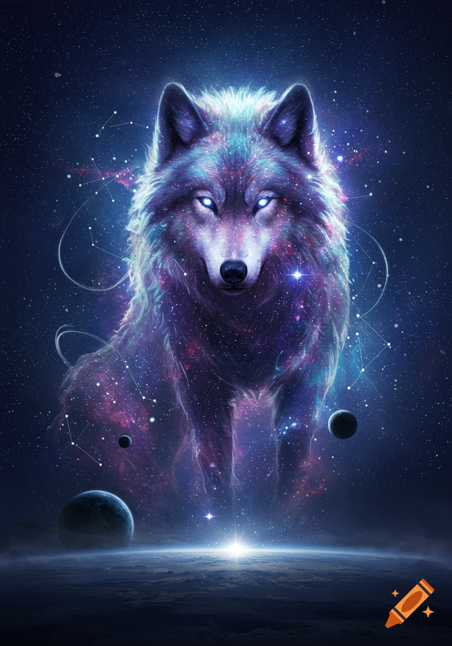 A mystical wolf composed of stars and nebulae with glowing eyes, standing above a cosmic landscape with planets.
