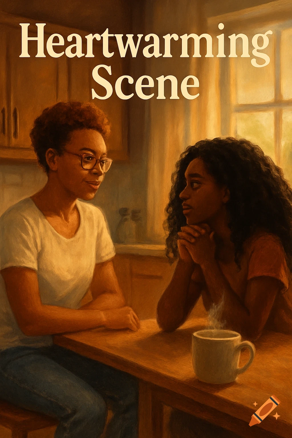 Illustration of two Black women talking at a kitchen table with a steaming mug. The text "Heartwarming Scene" is at the top.