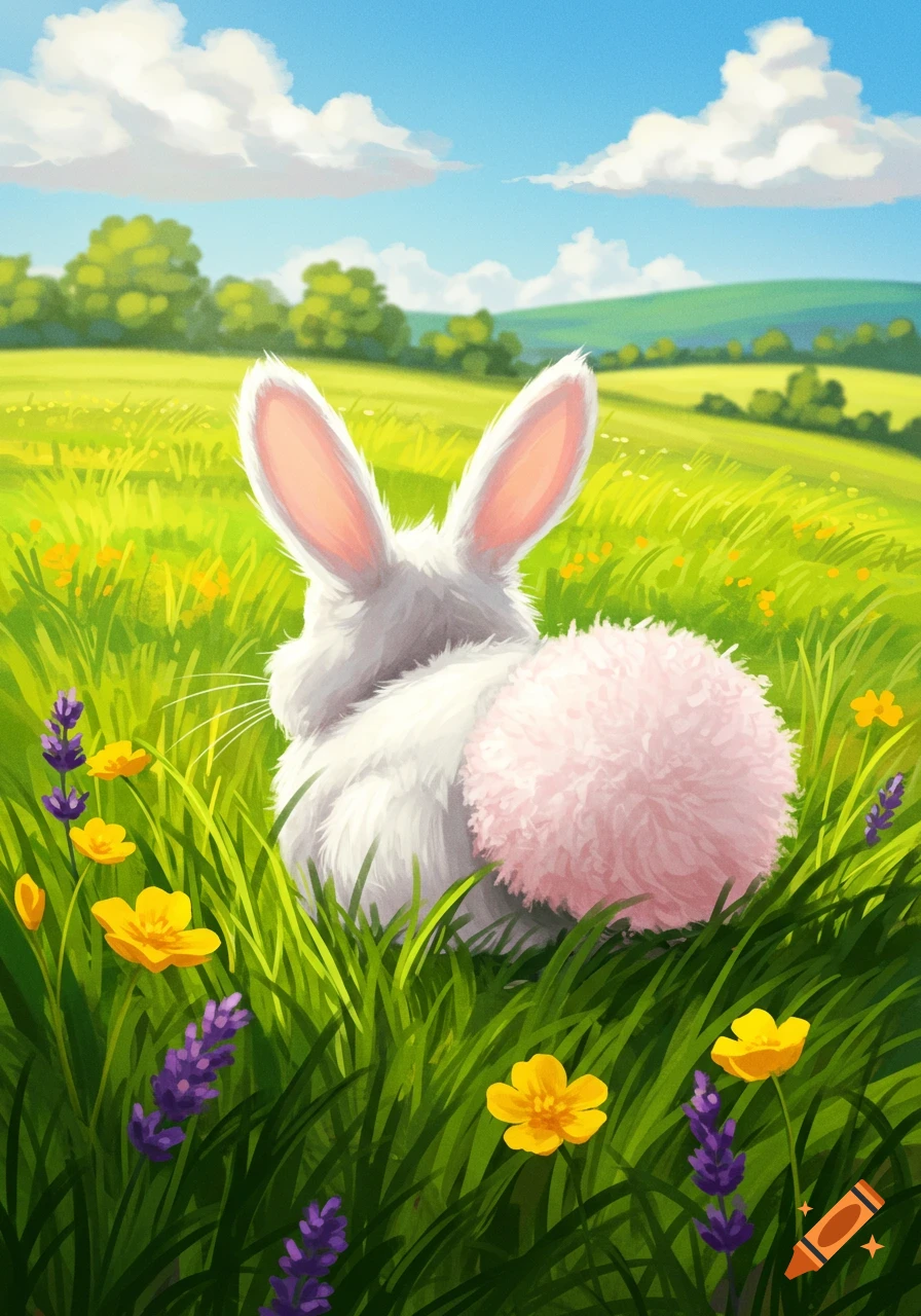 Illustrated white bunny with a pink fluffy tail sitting in a vibrant green field with yellow and purple flowers under a blue sky.