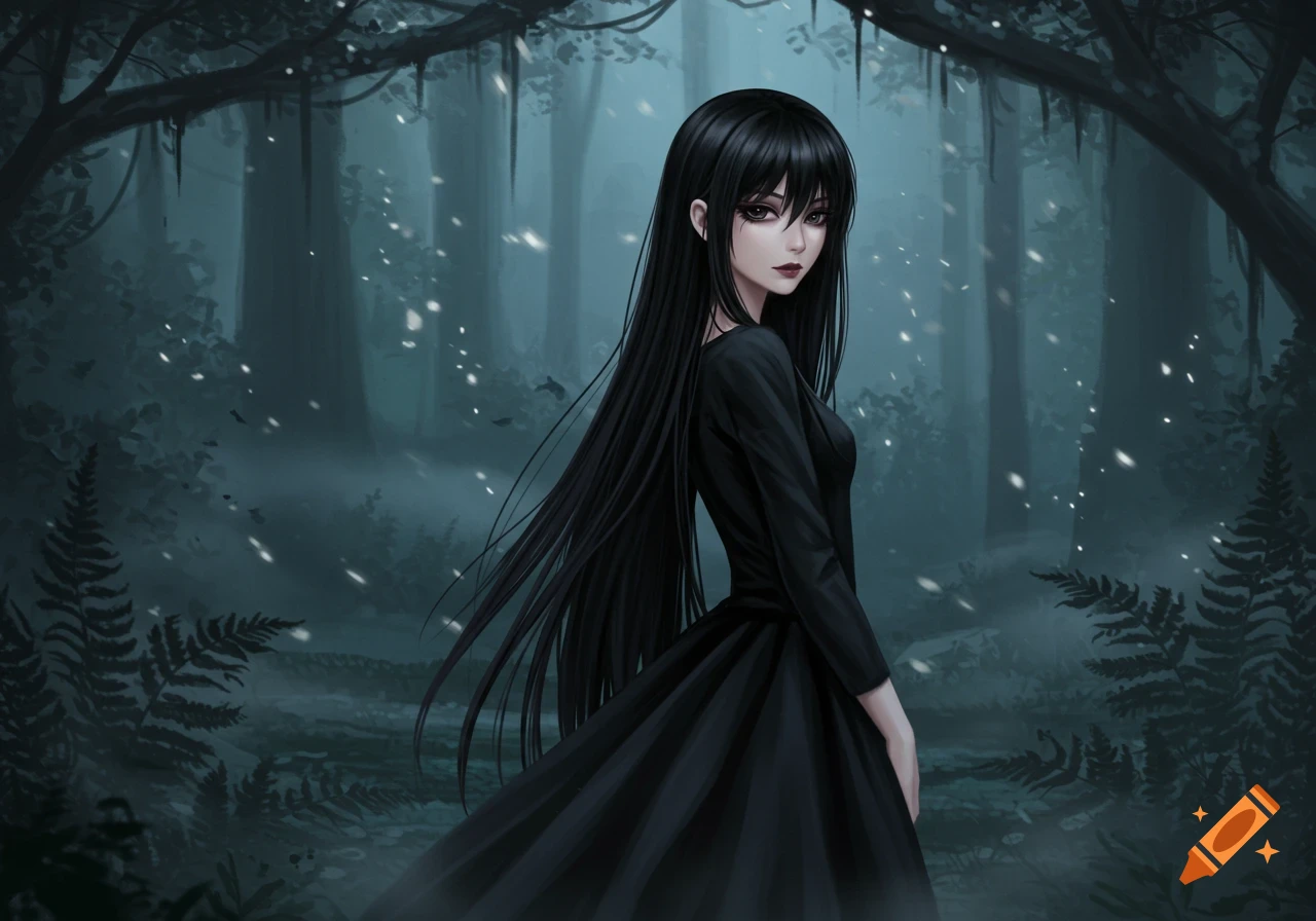 Anime girl with long black hair and a black dress stands in a dark, misty forest.