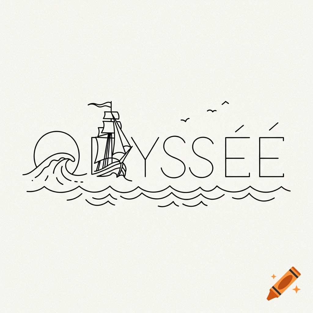 Minimalist black line art of a sailboat on waves, with a stylized sun and the word 'ODYSSEE'.