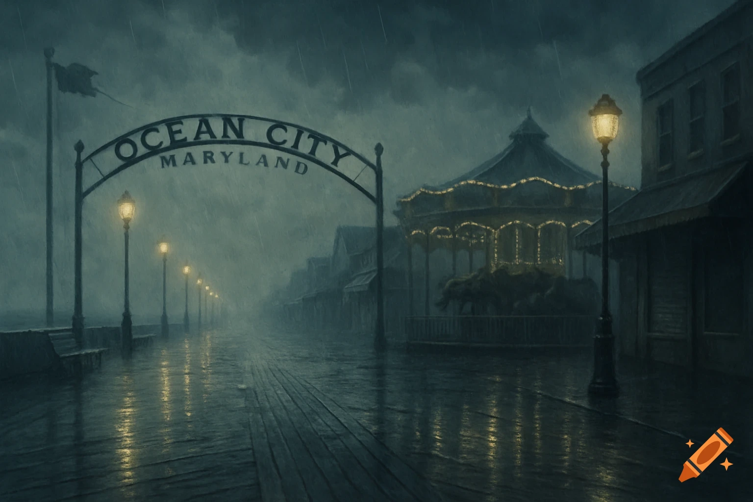 Abandoned Ocean City, Maryland boardwalk on a rainy night with glowing streetlights and a carousel.