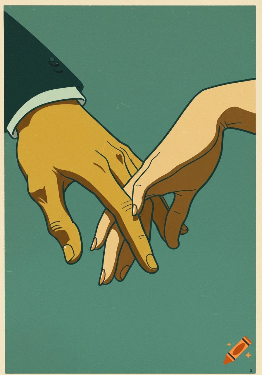 Stylized illustration of a man's hand holding a woman's hand in a vintage poster style.