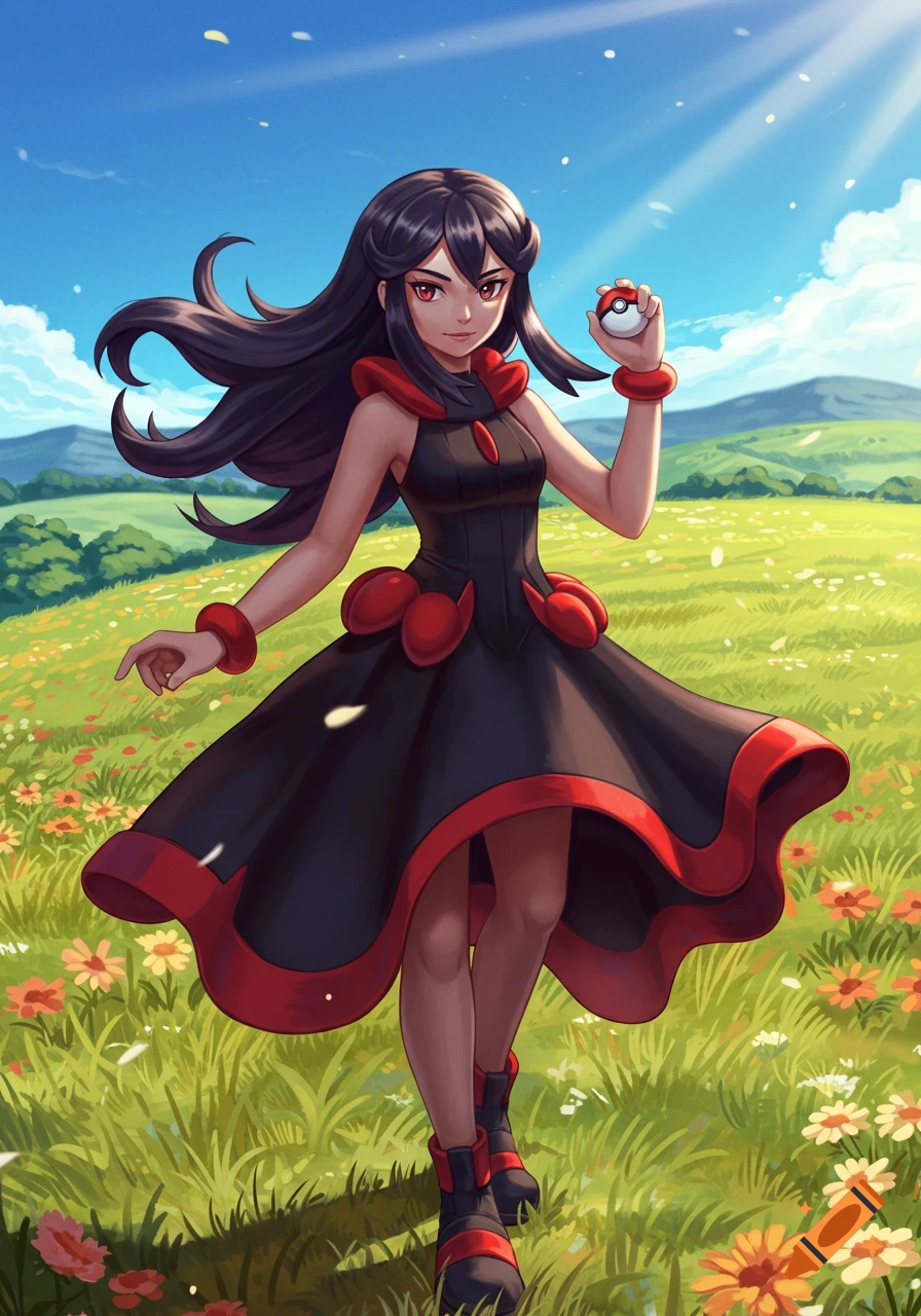 An anime girl with long black hair and a black and red dress stands in a vibrant green field, holding a Pok esphere.