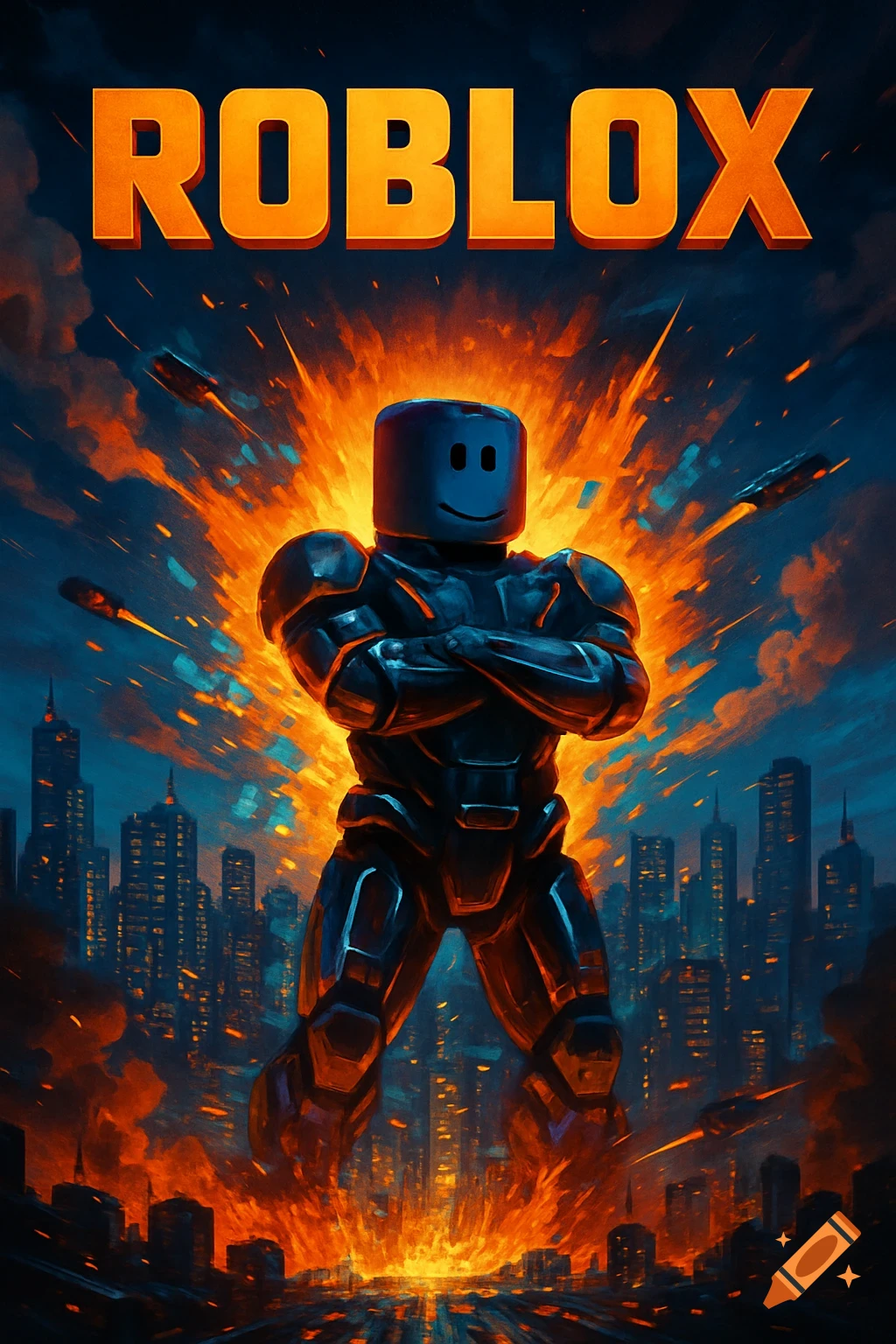 A powerful Roblox character in dark armor stands amidst a fiery cityscape explosion under the bold ROBLOX title, in an action movie poster style.