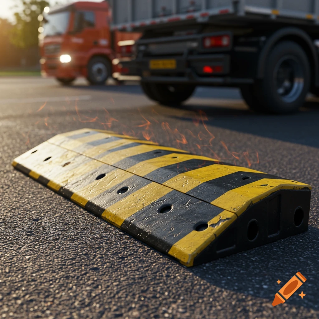 A photorealistic image of a yellow and black speed bump with heat rising from it on an asphalt road, with blurred trucks in the background.