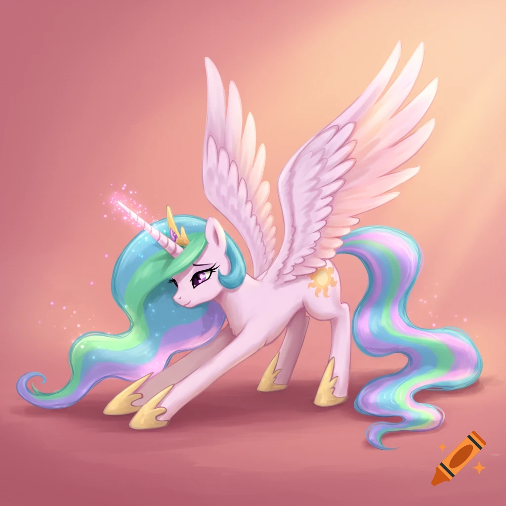 Princess Celestia, a light pink alicorn pony with rainbow mane and tail, stretches forward like a cat on a pink background.