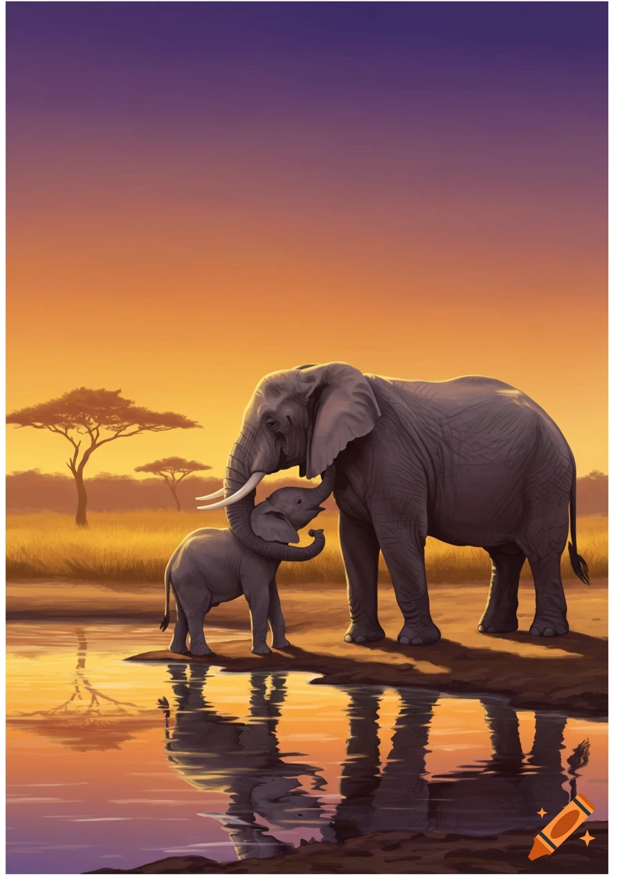 An illustration of a large elephant with a baby elephant embracing by a watering hole at sunset in a savanna.