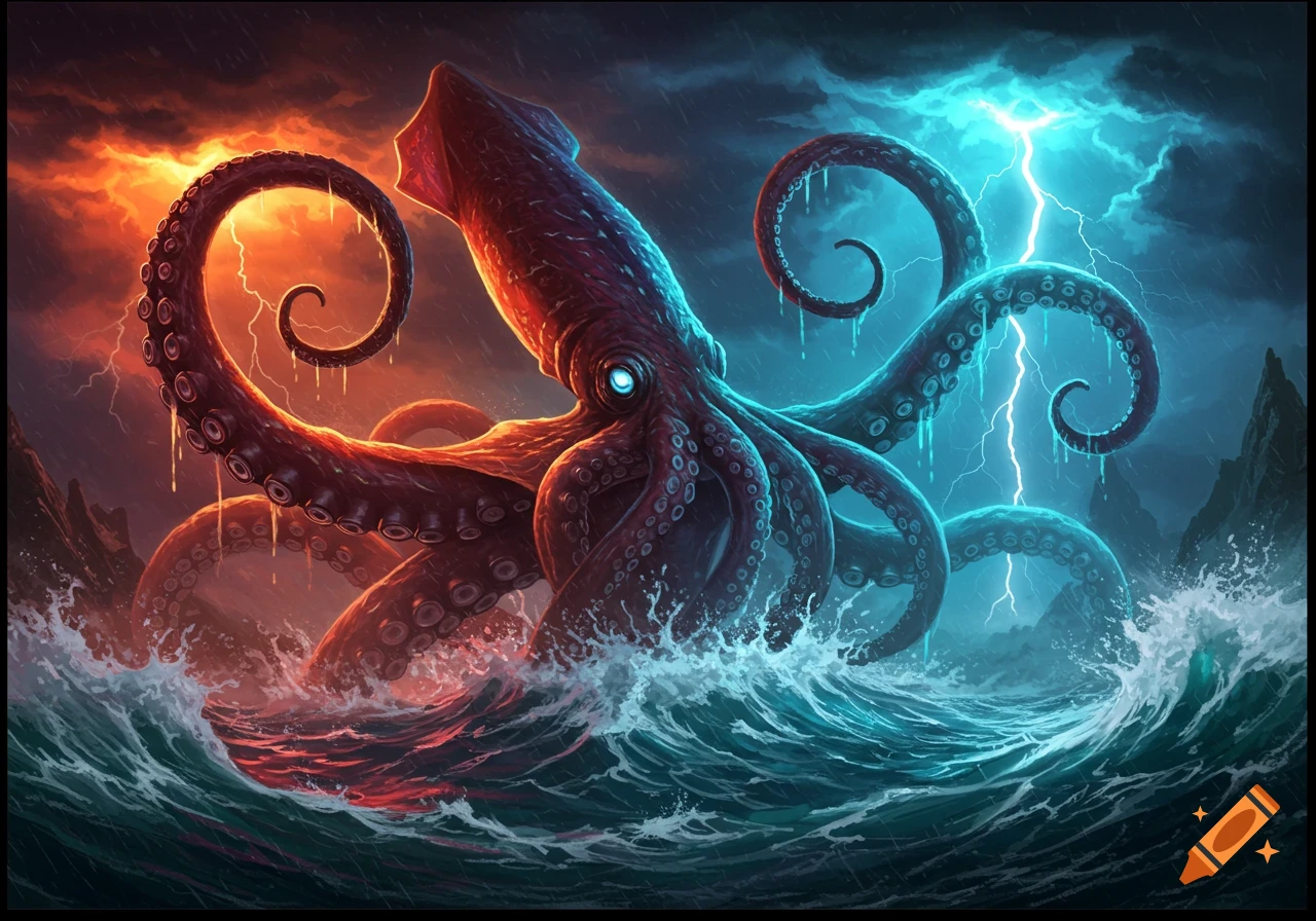 A colossal kraken emerges from stormy seas, bathed in dramatic red and blue lightning, in an epic illustration.