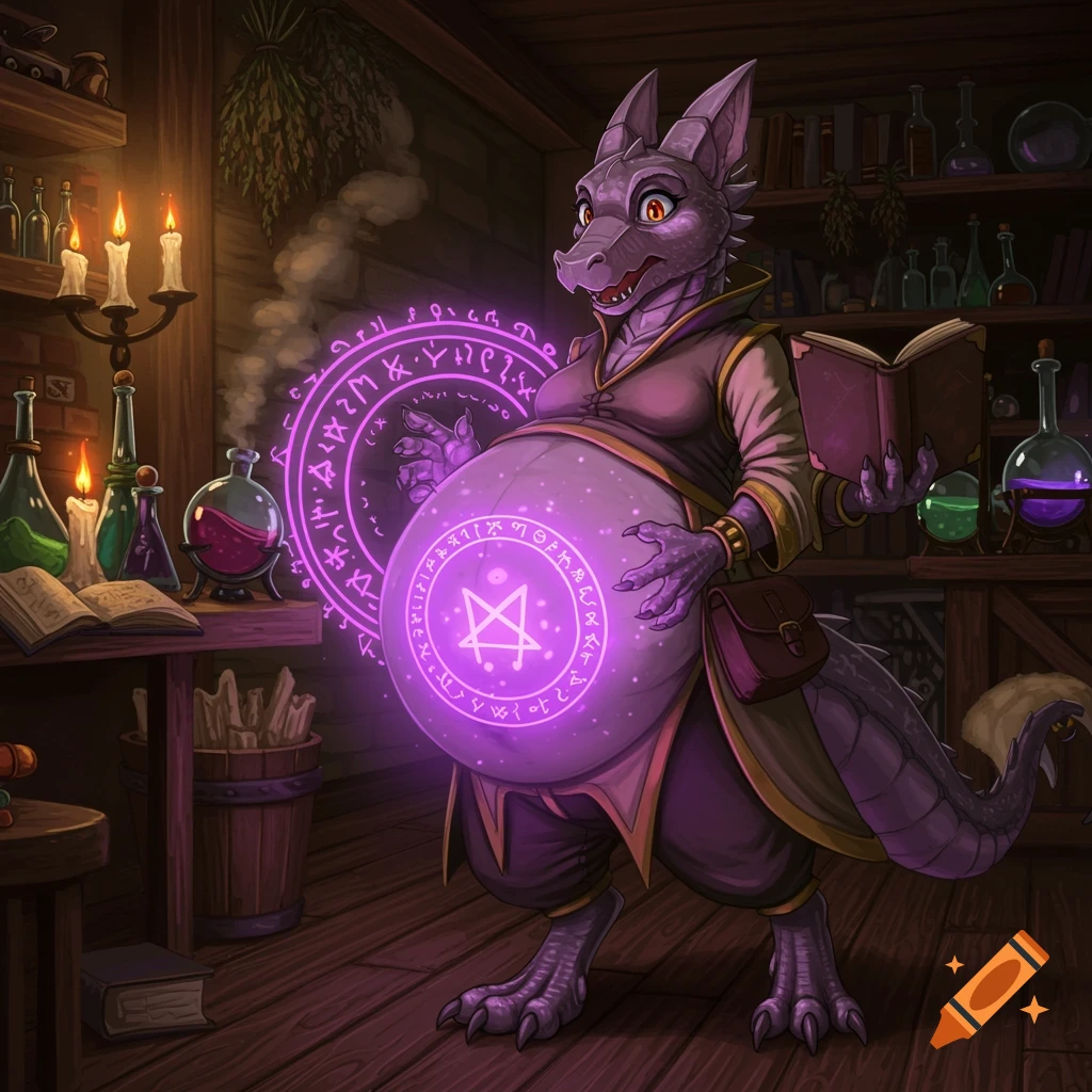 A purple anthro kobold mage in an alchemy lab holds a book, glowing runes on her magically swelling belly.