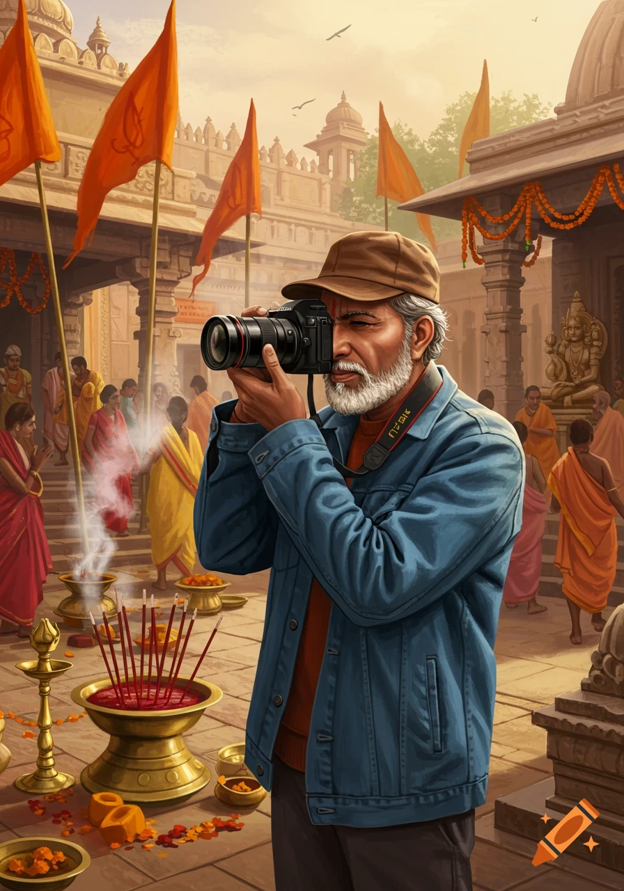 A man with a white beard and cap takes photos of a Hindu religious ceremony at a temple, with orange flags and incense.