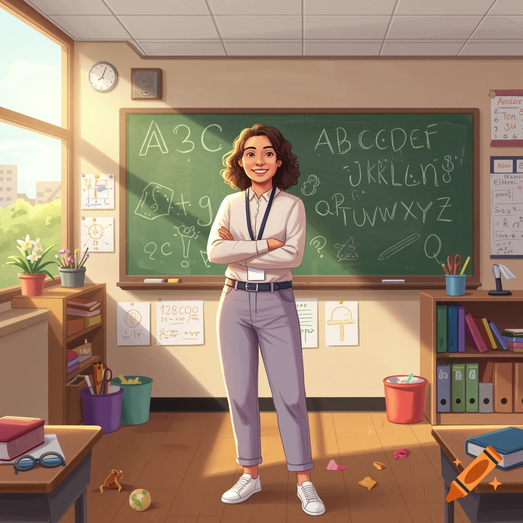 A cartoon-style image of a smiling female teacher standing with crossed arms in a brightly lit classroom.