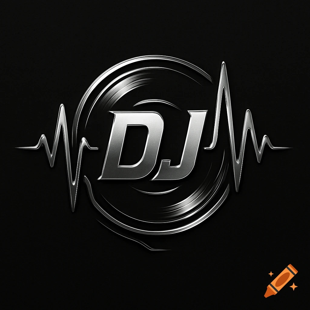 A metallic silver 'DJ' logo with a record and waveform design on a black background.