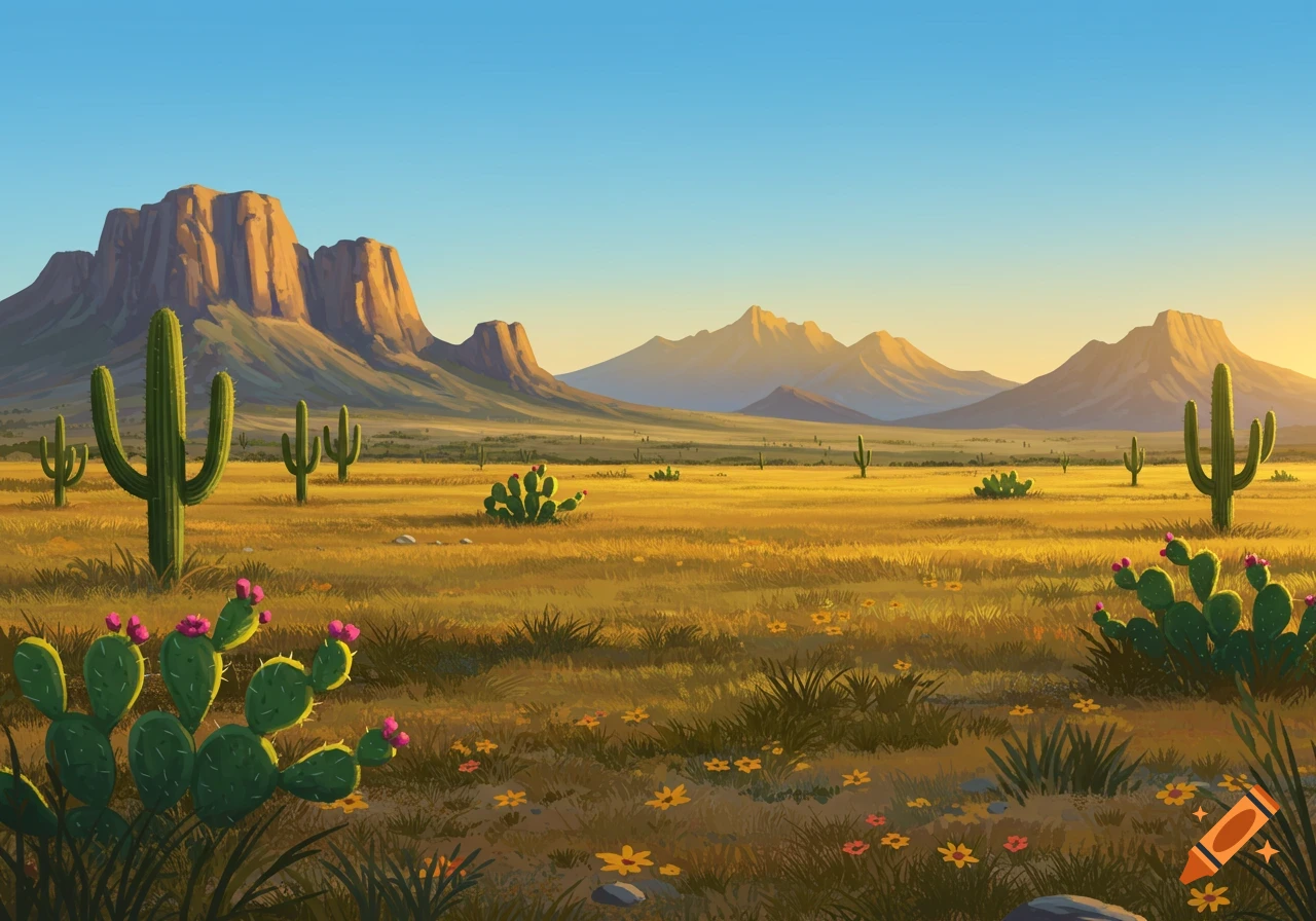 An illustrative desert landscape at sunset with saguaro and prickly pear cacti in the foreground, and mountains under a clear sky.