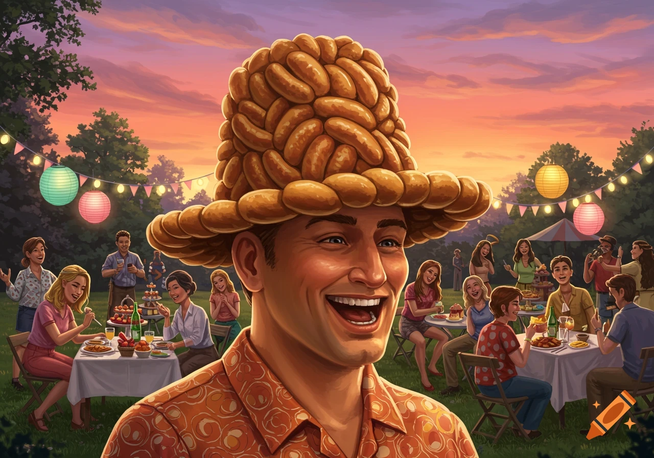 Man smiling at a lively outdoor party, wearing a hat made of sausages, under a sunset sky with string lights.