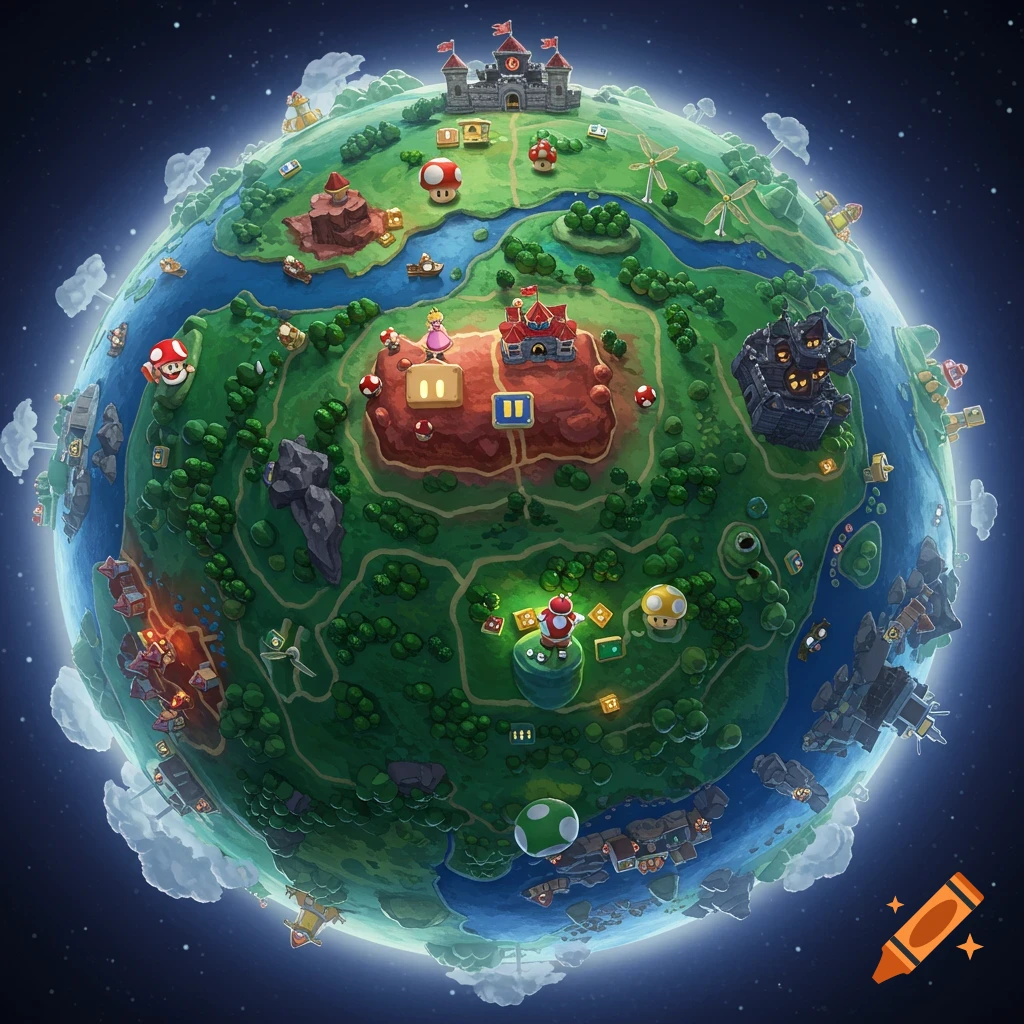 A vibrant, cartoon-style globe of the Super Mario Mushroom Kingdom with castles, mushrooms, and characters.