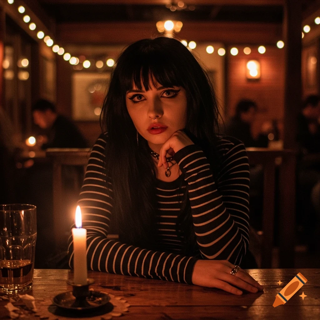 A young woman with dark hair and bangs, wearing a striped shirt, sits at a candlelit table in a dimly lit restaurant.