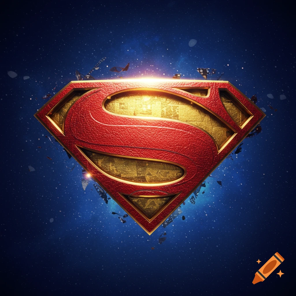 A shiny crimson red and gold Superman symbol, textured like leather, against a starry blue background with glowing light and scattered debris.
