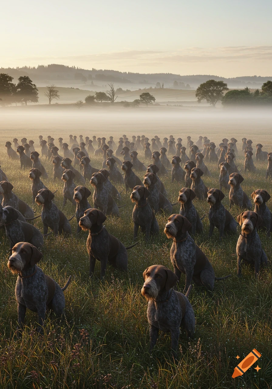 Many Deutsch Drahthaar dogs sit in rows in a misty, grassy field at sunrise, looking attentive.