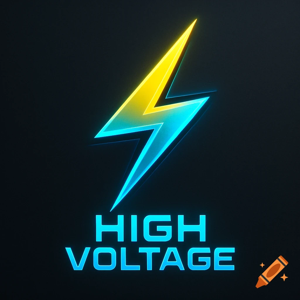 A glowing neon logo featuring a yellow and blue lightning bolt above blue text saying 'HIGH VOLTAGE' on a dark background.