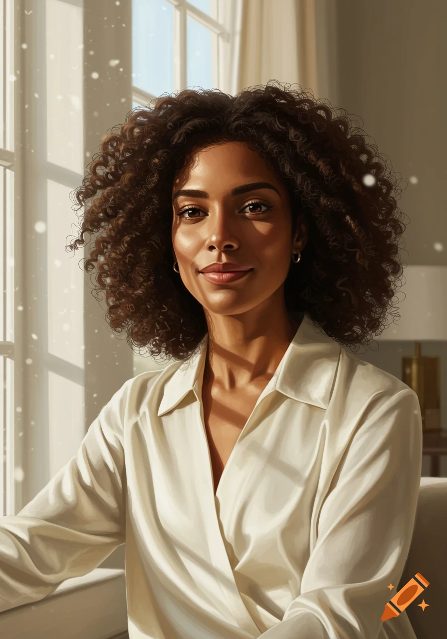 Photorealistic portrait of a woman with curly brown hair in a white shirt, by a sunny window.
