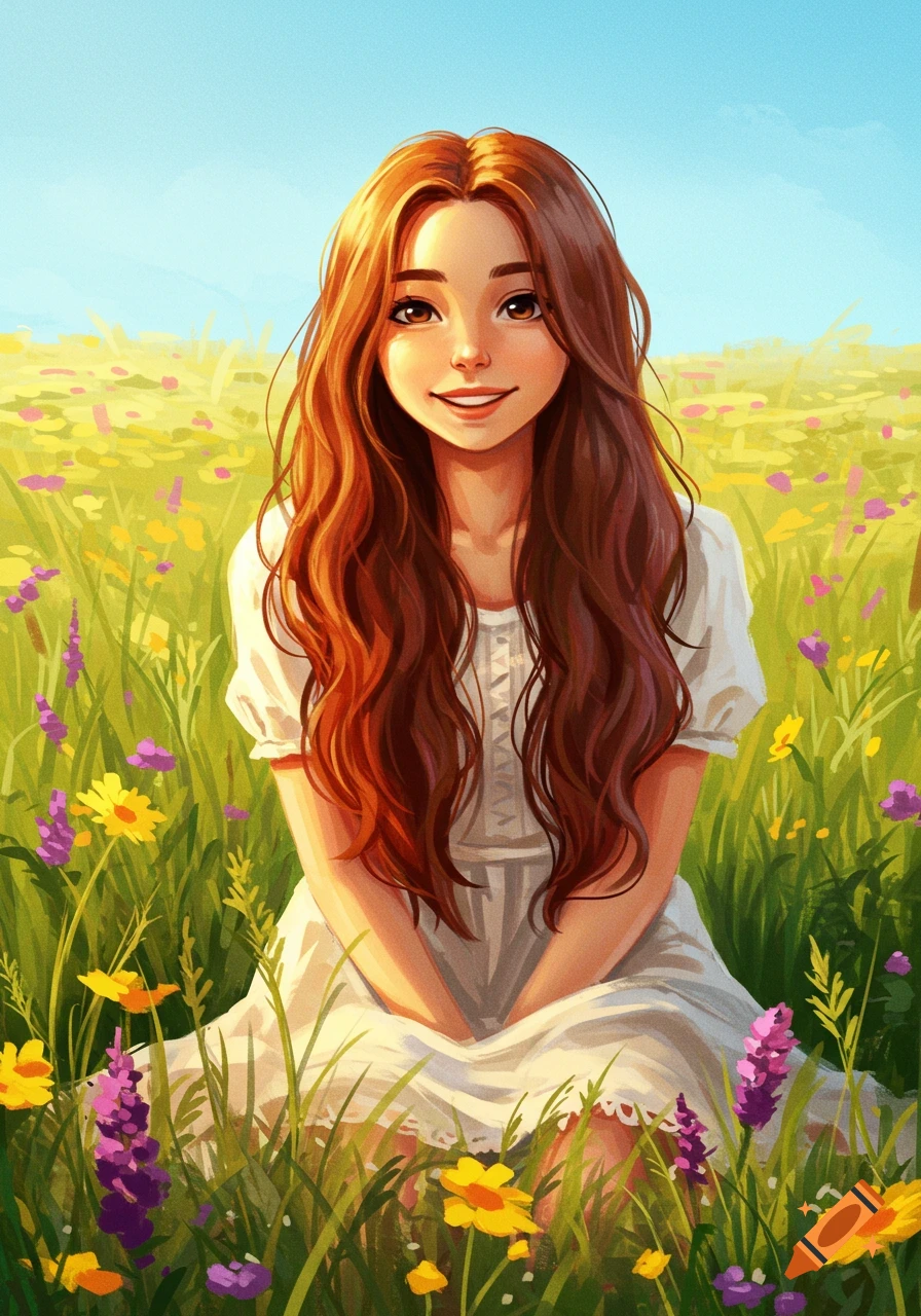 An illustration of a girl with long brown hair smiling while sitting in a field of colorful flowers under a bright blue sky.