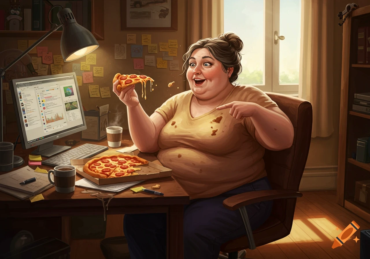 A happy overweight woman sits at a desk, eating a slice of pizza and pointing at sauce stains on her shirt. Her desk is cluttered with papers, a computer, and a pizza box.