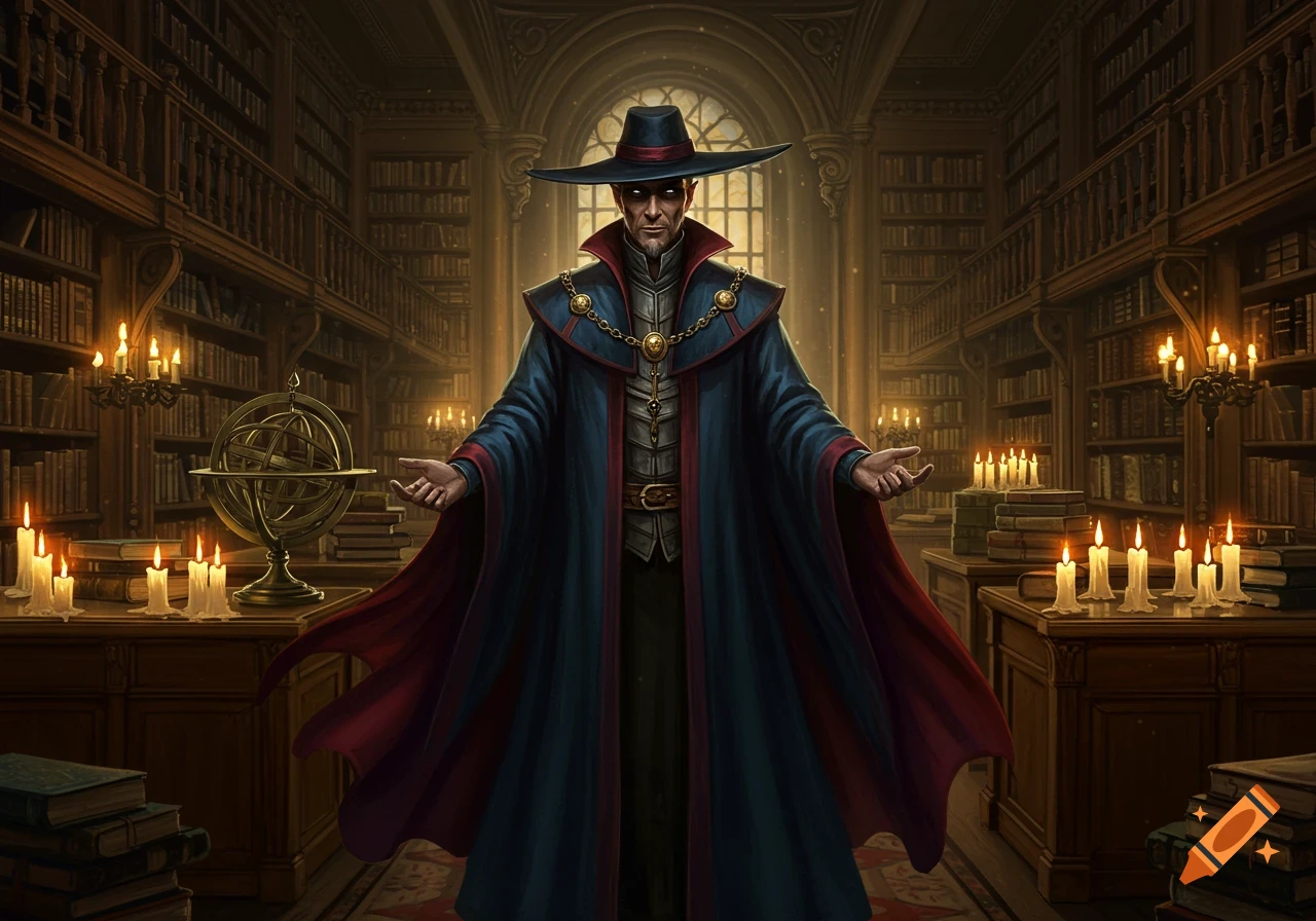 A mysterious man in a wide-brimmed hat and long dark coat stands in a candlelit, old library with his arms outstretched.