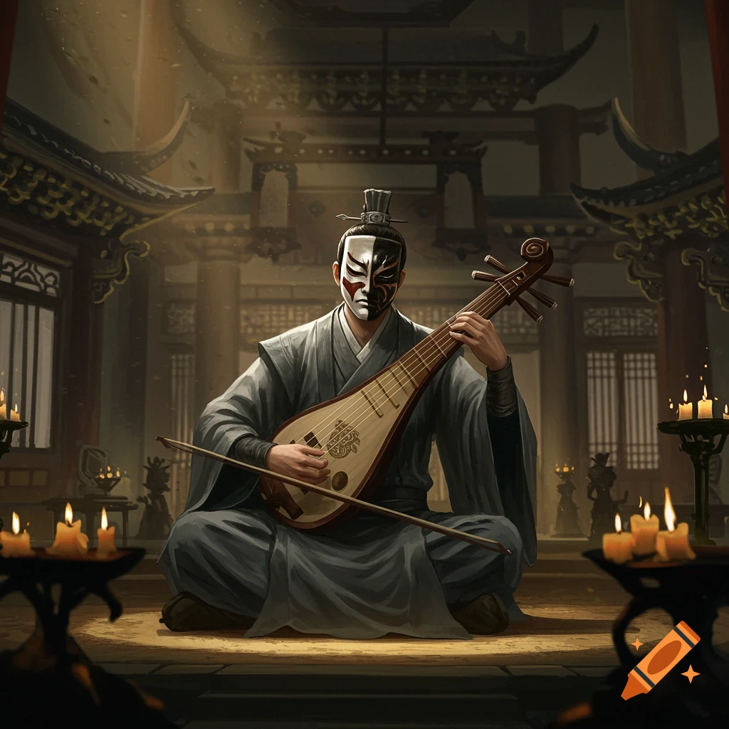 A masked man in a grey robe sits cross-legged, playing a traditional lute in a candle-lit East Asian hall.
