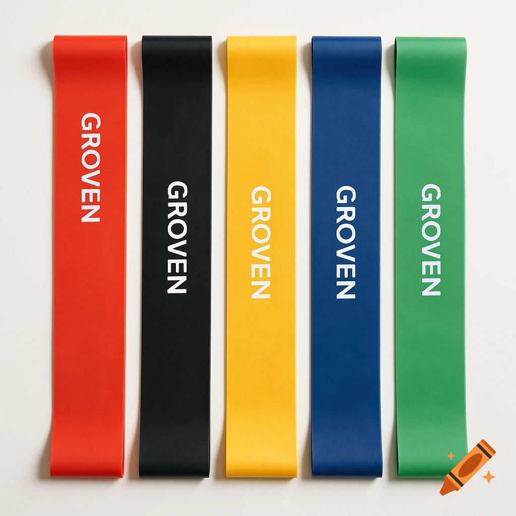 Five colorful resistance bands with 'GROVEN' logo on a white background.