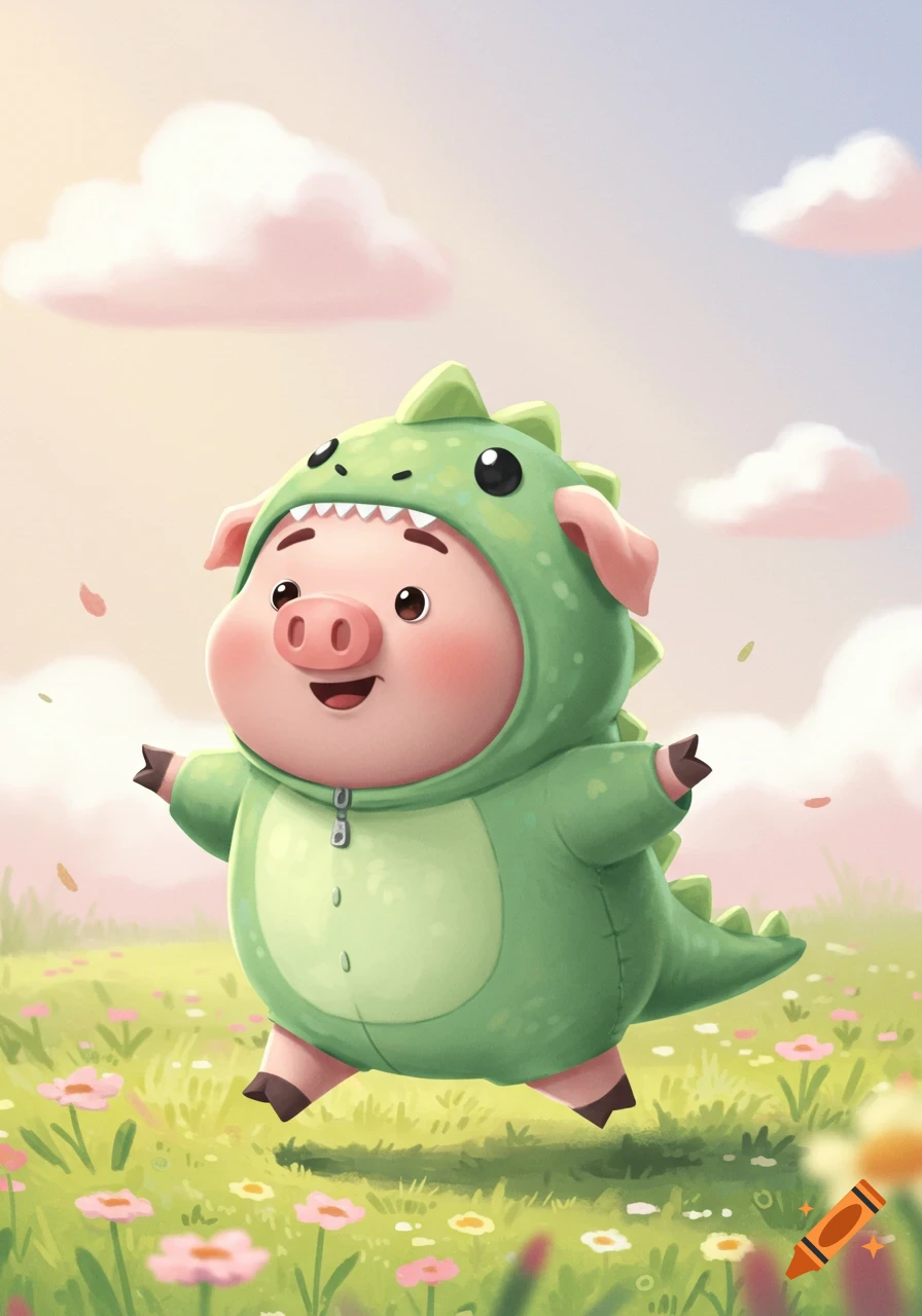 A cute cartoon pig wearing a green dinosaur costume stands in a field of colorful flowers under a pastel sky.