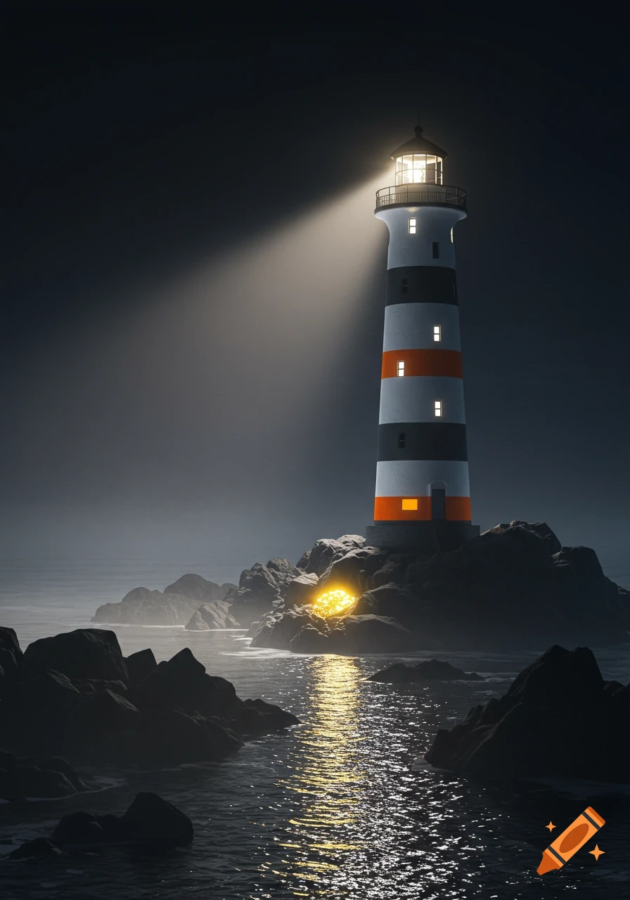 A striped lighthouse on a rocky coast shines a bright beam across the water at night.