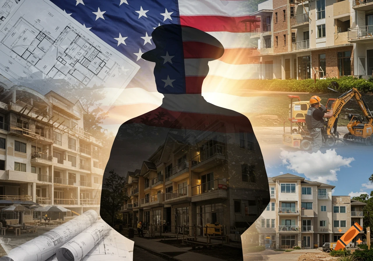 A collage featuring a silhouette of a man in uniform overlaid with the American flag, surrounded by various images of apartment and commercial buildings under construction and completed, and architectural blueprints.