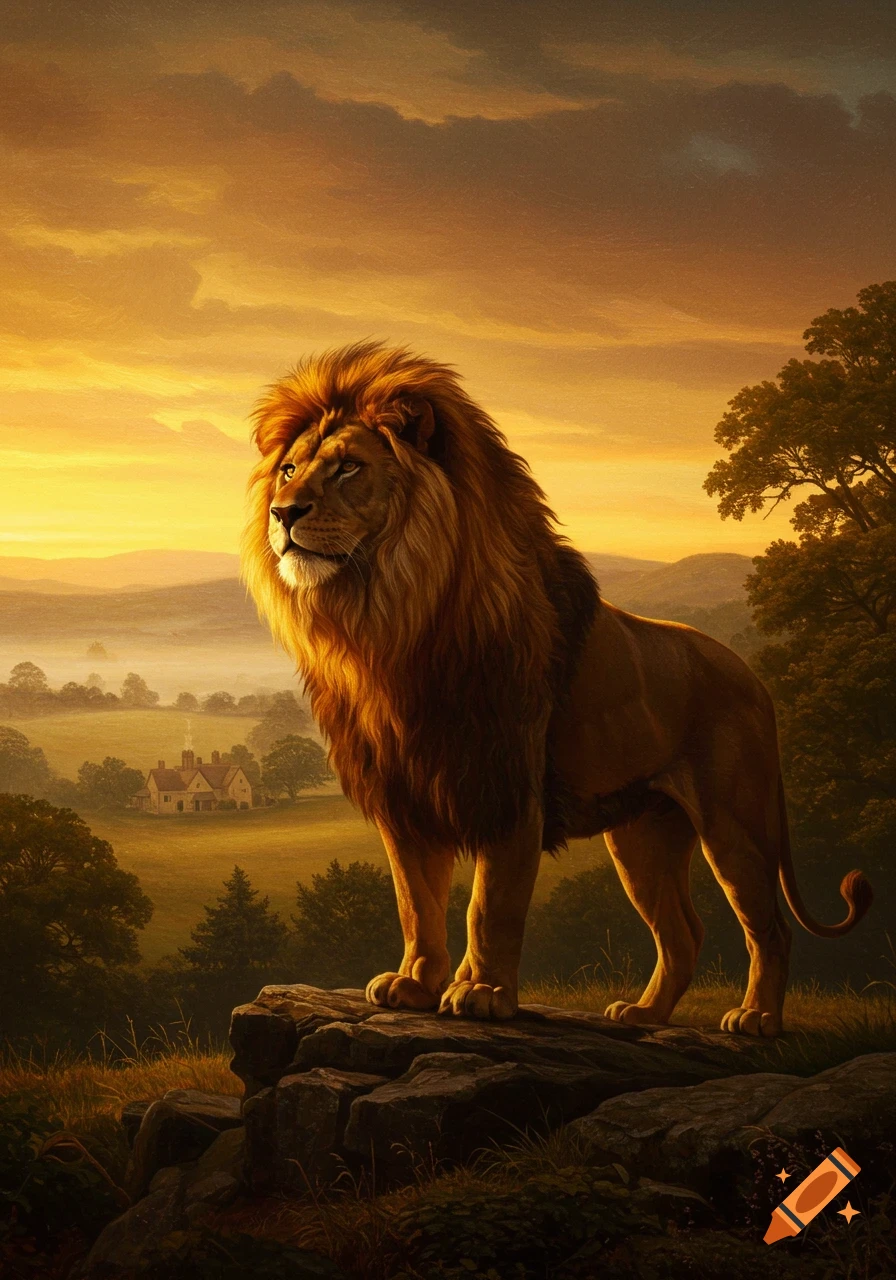 A majestic lion stands on rocks overlooking a golden valley at sunset in a realistic painting.