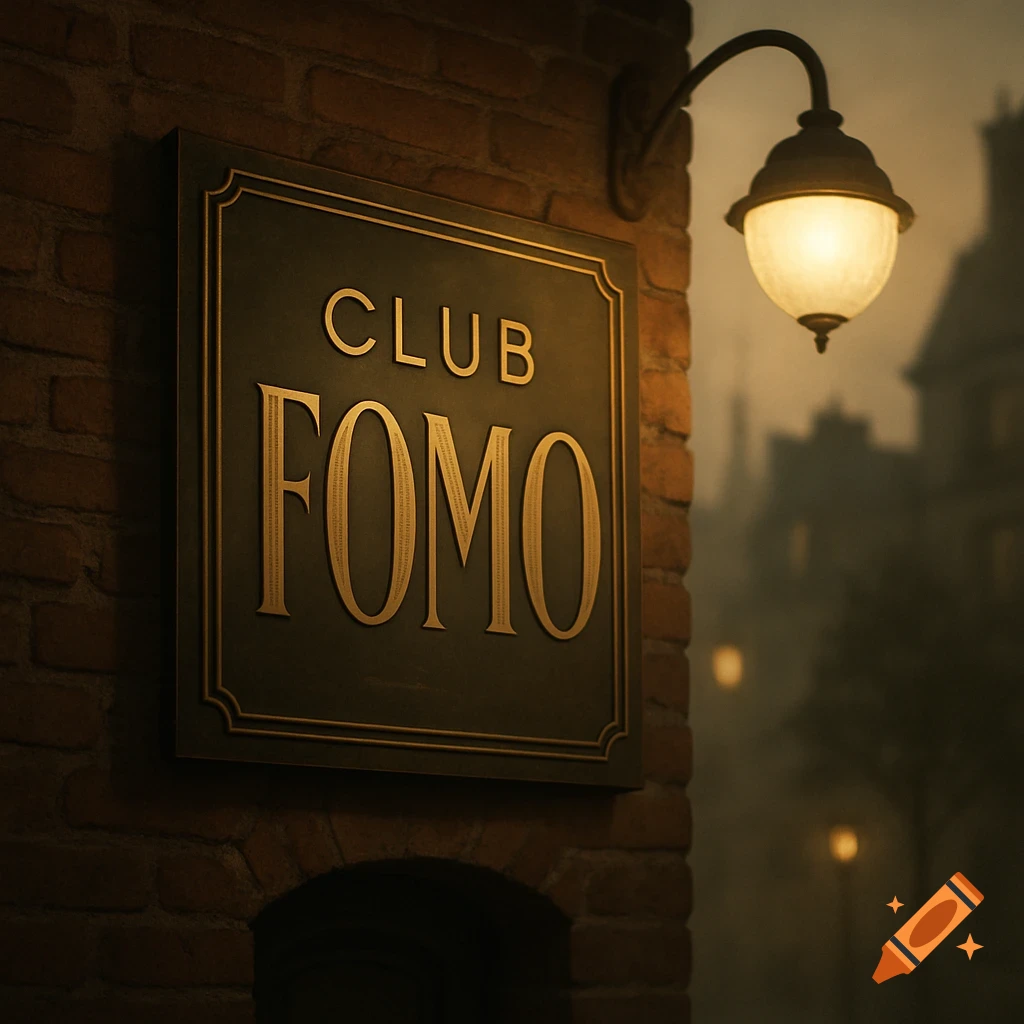 Vintage-style "CLUB FOMO" sign on a brick wall at night, illuminated by a glowing street lamp, with a foggy cityscape in the background.