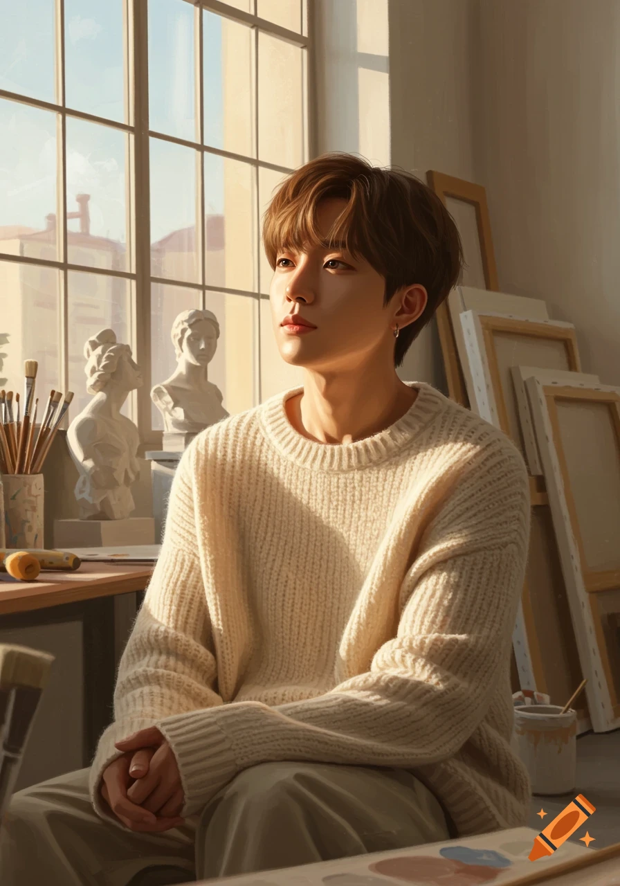 A young man with brown hair wearing a cream knitted sweater sits in a sunlit art studio, looking thoughtfully out a large window.