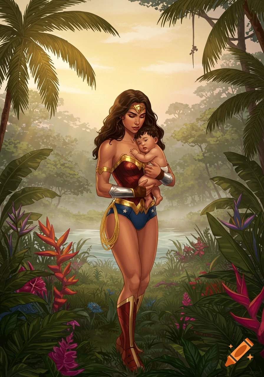 Wonder Woman in her classic costume holds a sleeping baby in a vibrant tropical jungle, depicted in a comic art style.