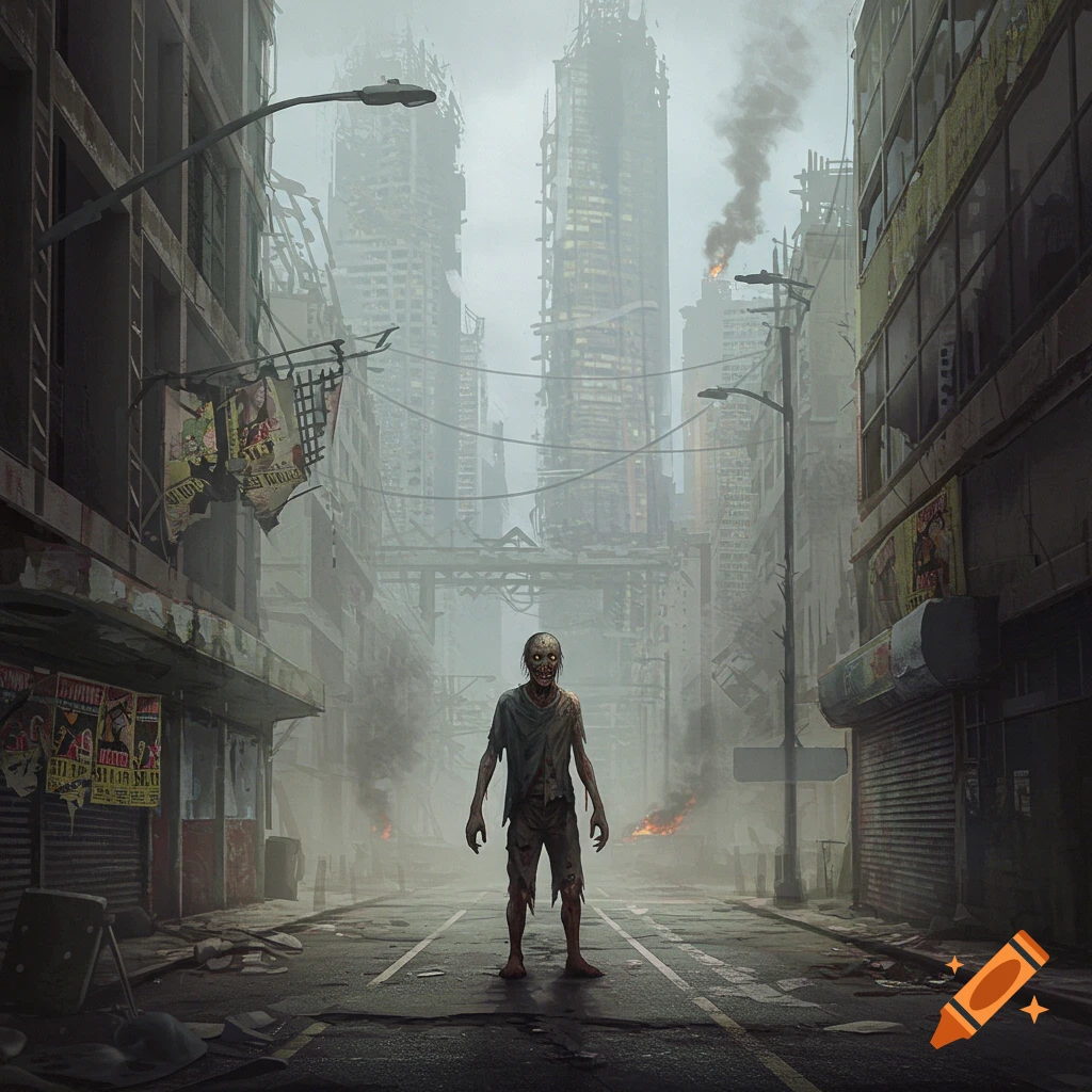 A gaunt zombie with torn clothes stands in the middle of a street in a destroyed, smoke-filled city with crumbling buildings.