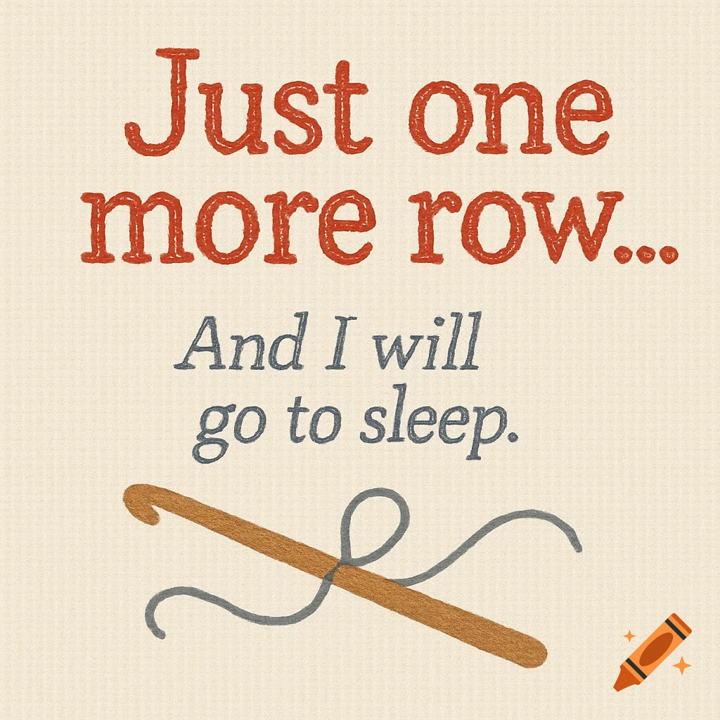 A minimalist embroidery design with red text "Just one more row..." and gray text "And I will go to sleep" above a crochet hook and yarn.