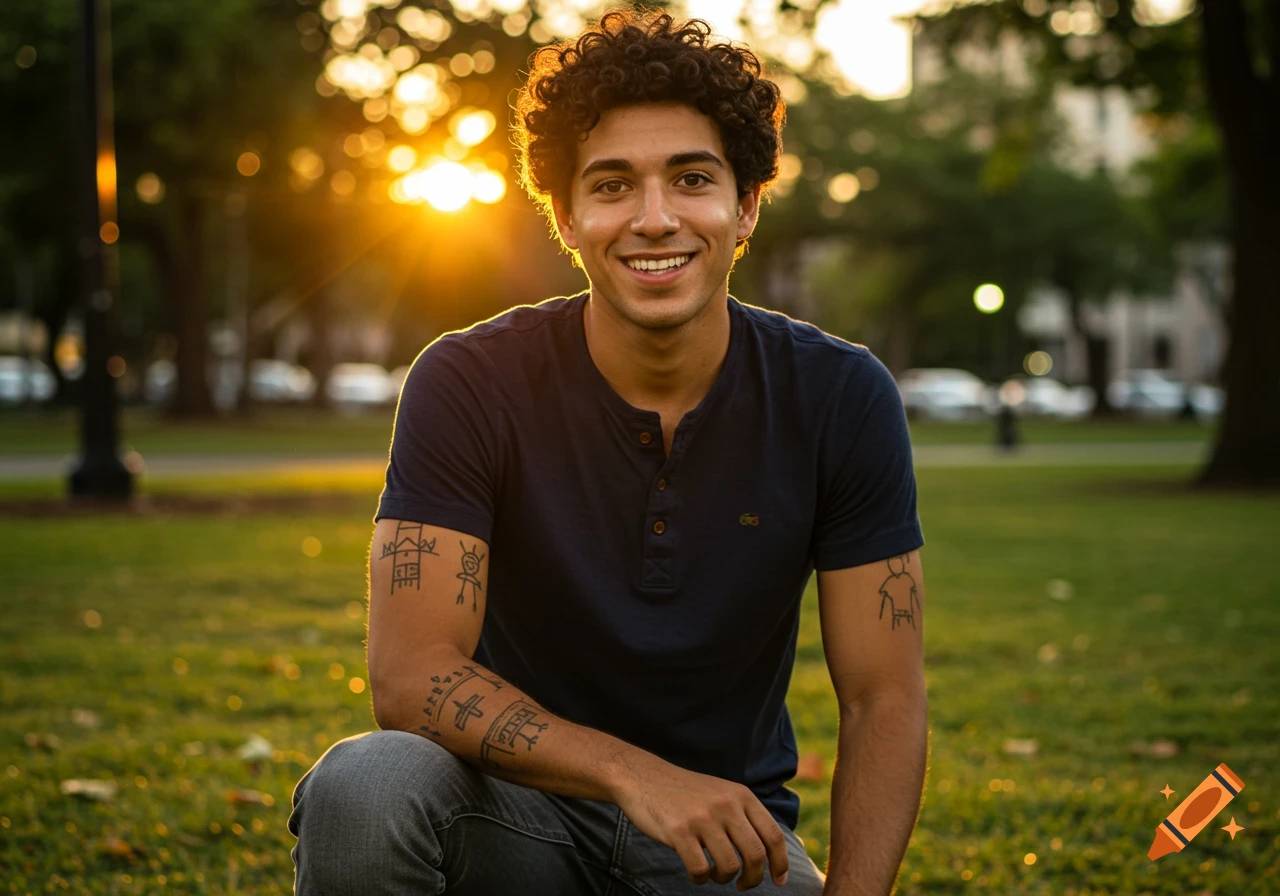 A smiling young man with curly hair and tattoos kneels in a sunlit park at sunset, looking directly at the camera.