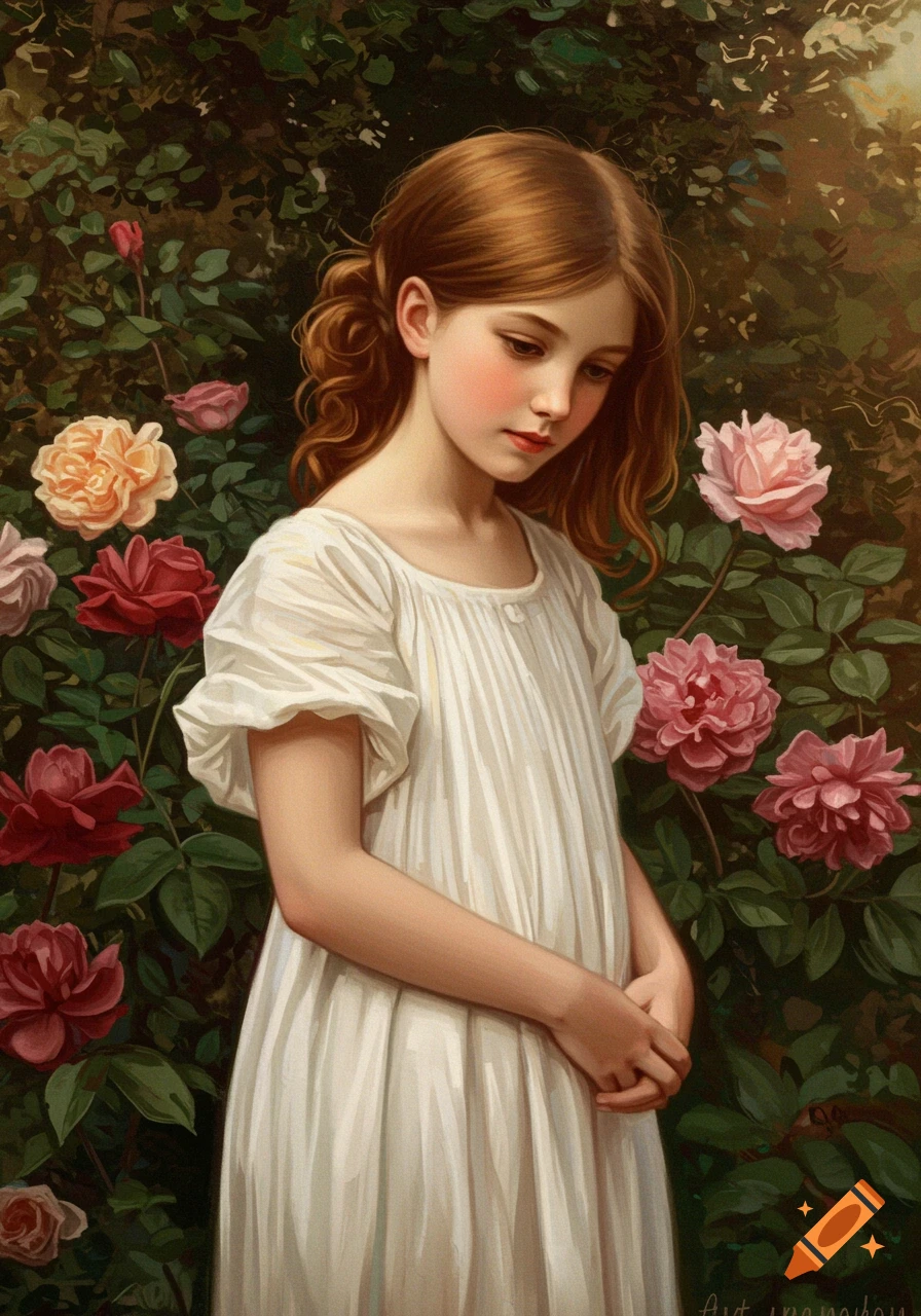 A young girl with reddish-brown hair, wearing a white dress, stands among pink and red roses in a classical painting style.