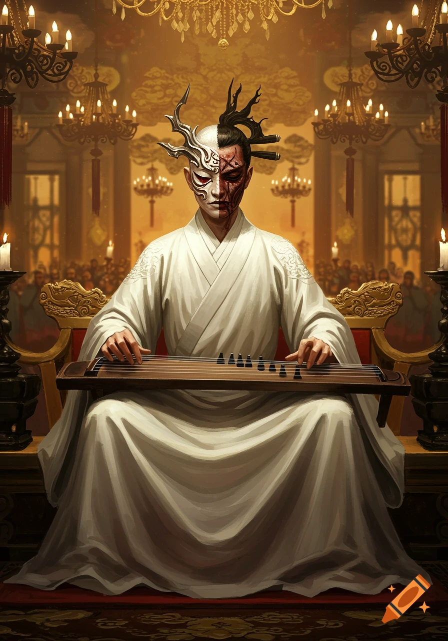A figure in a white robe and a half-white, half-bloody mask sits on a golden throne, playing a traditional stringed instrument in a candlelit hall.