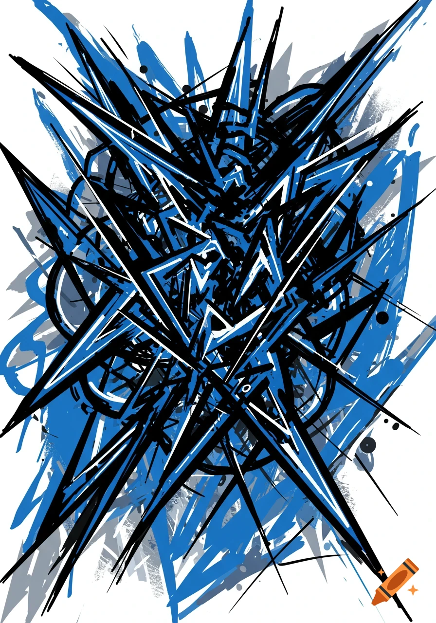 Abstract art with jagged black and blue shapes resembling an explosion or starburst on a white background.