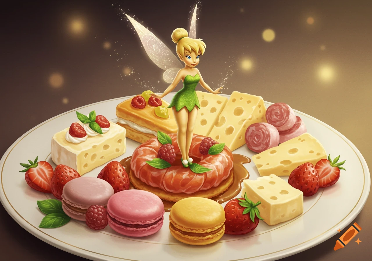 Tinkerbell stands on a plate filled with cheese, strawberries, macarons, and pastries in a whimsical animated style.