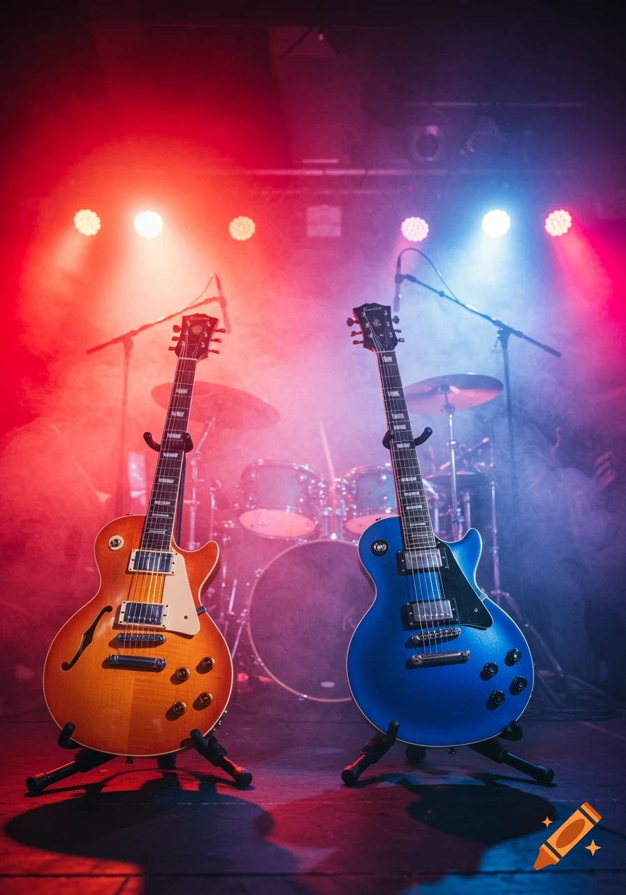 Two electric guitars on stands under red and blue stage lights with drums in the background, photorealistic.