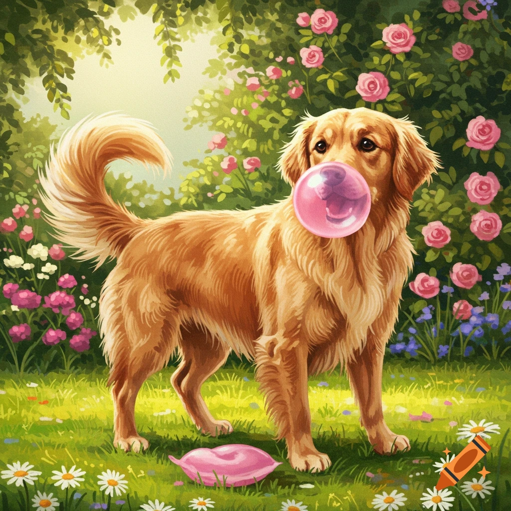 A golden retriever dog blowing a large pink bubble gum bubble in a vibrant garden with pink roses and white daisies, rendered in a painterly style.