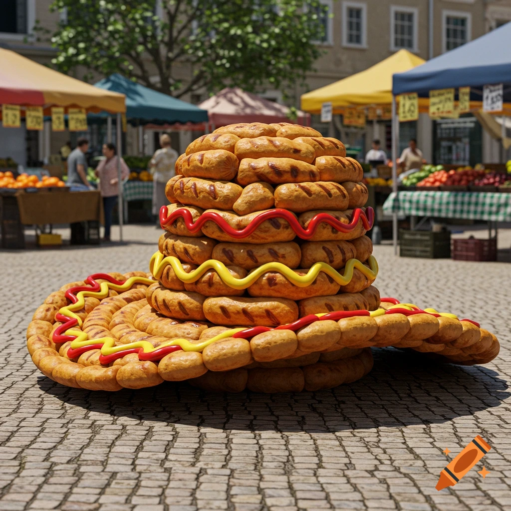 A whimsical hat made of stacked hot dogs with ketchup and mustard, set in a bustling outdoor market scene.