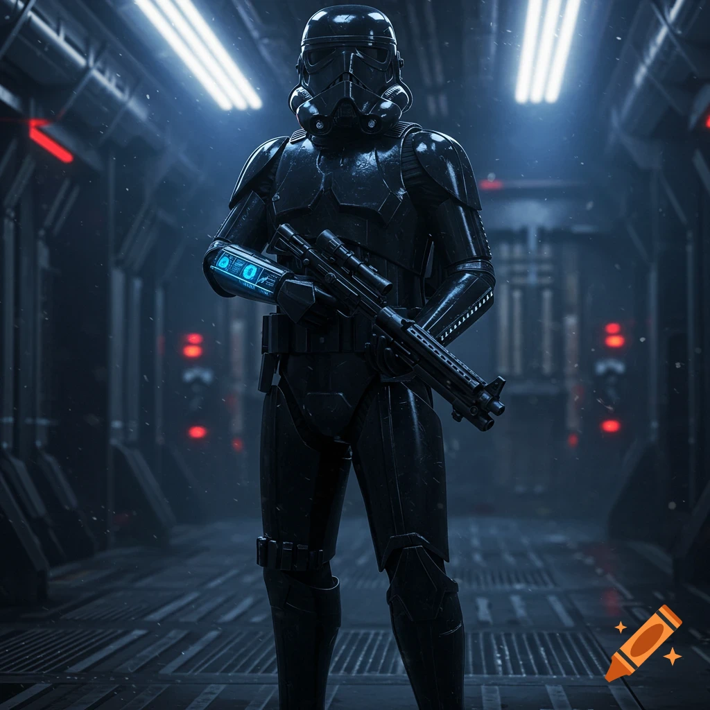 A black armored Dark Trooper stands in a sci-fi corridor, holding a blaster rifle. Its left forearm features a glowing blue display.