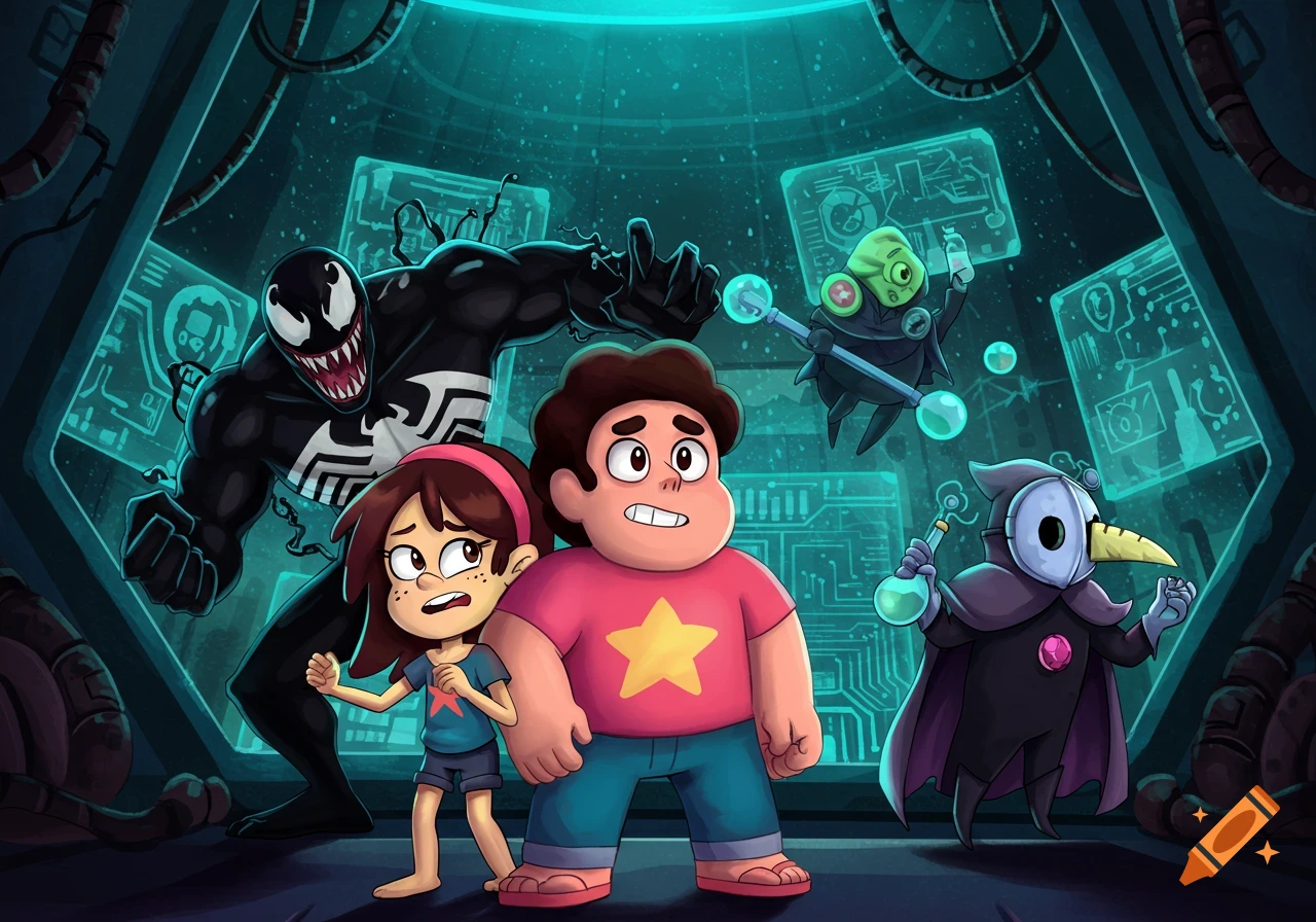Steven Universe and Sid Chang look scared as Venom looms behind them and Plague Knight holds a flask in a glowing blue cyber base.