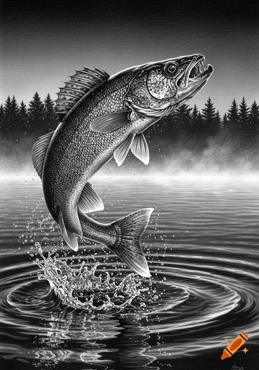 A detailed black and white illustration of a walleye fish leaping out of dark water, creating a splash. Pine trees line the misty horizon.